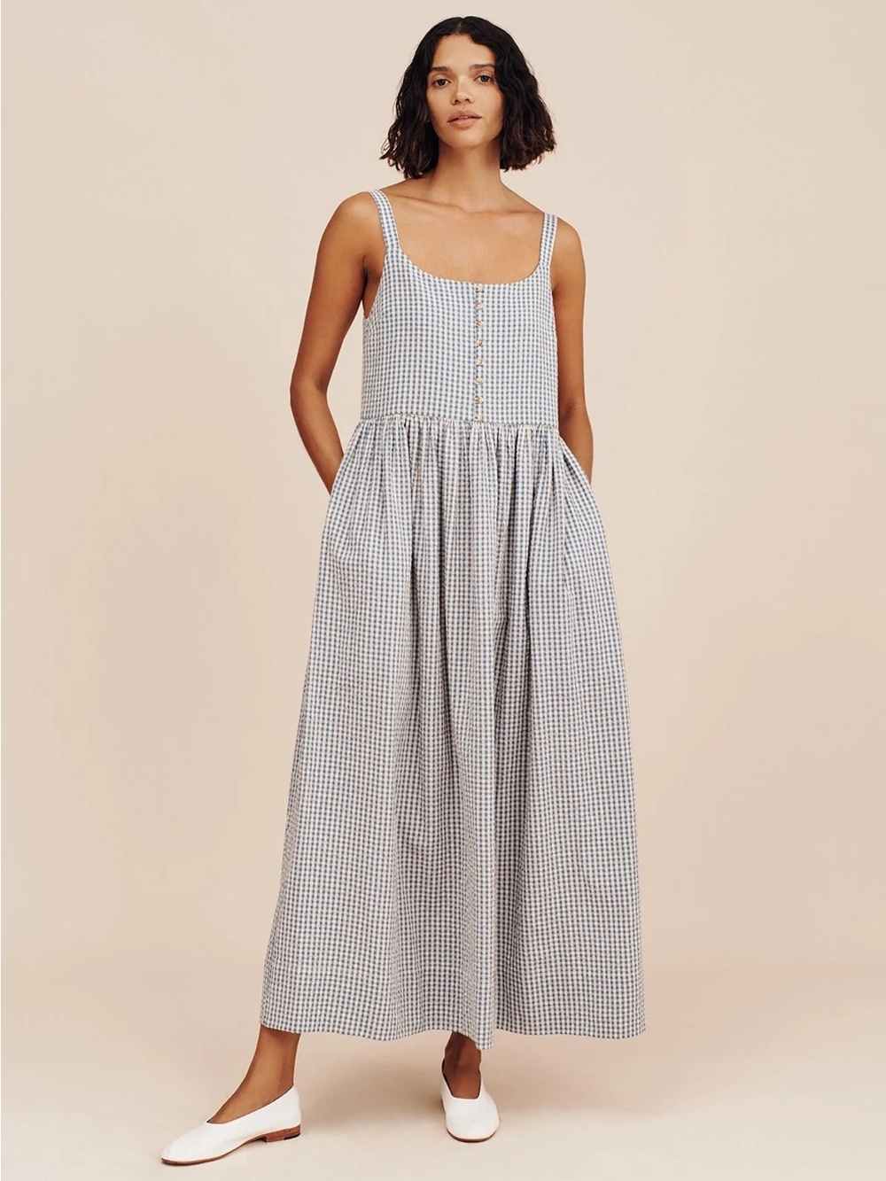 Posse Mira Women’s Blue Gingham Maxi Dress with Buttons